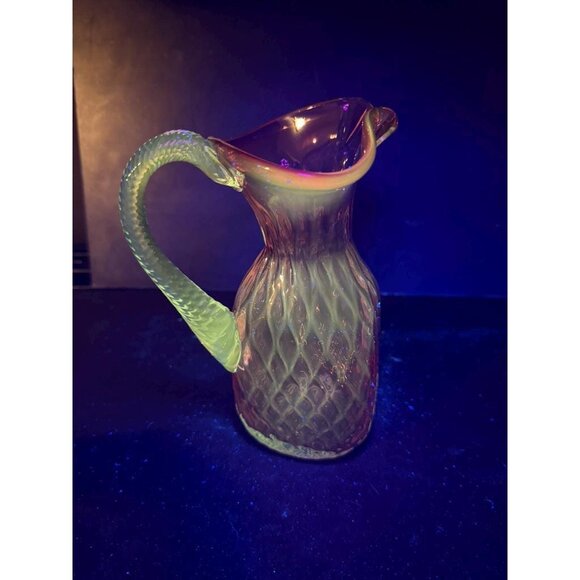 Rossi Art Glass Handblown Cranberry Optic Quilt Glass Pitcher w/ Applied Clear H - Picture 7 of 16